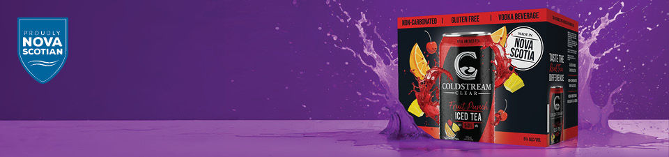 Purple background with mage of the Coldstream Fruit Punch Iced Tea box with purple splash.
