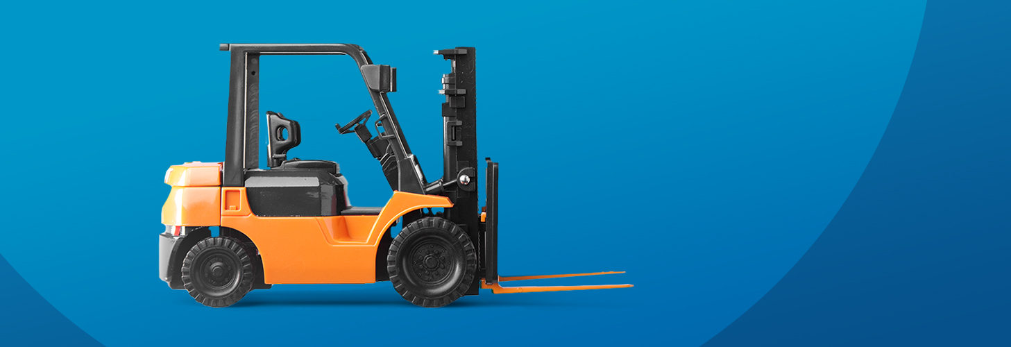 Two tone blue background with yellow forklift.