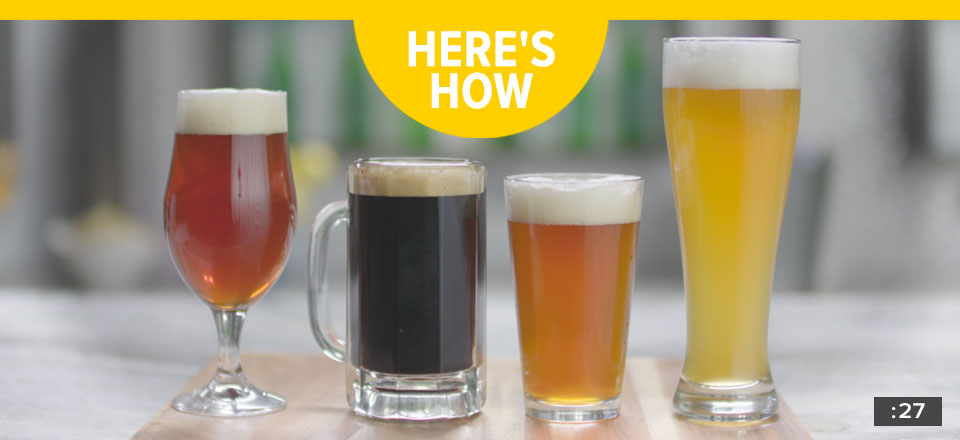 Four different brews of beer served in four differently shaped glasses.