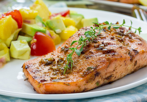 Grilled salmon with chili mango salsa by Executive Chef Don Walker