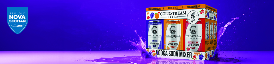 Purple background with mage of the Coldstream Vodka Soda Mixer box with purple splash.