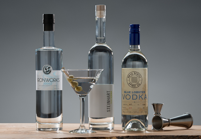 Bottles of Nova Scotian Vodka with a martini glass