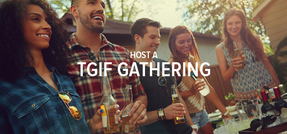 Young trendy men and women holding beers in a backyard party setting. Text in front of image 