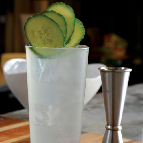 Close up of gin drink garnished with cucumber