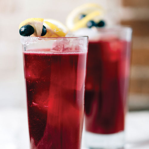 Two Oxford daisy drinks in tall glass garnished with berries
