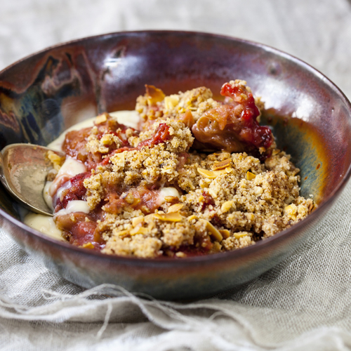 Rhubarb Crisp in a clay pottery bowl