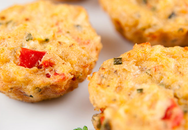 Up-close look of three mini crab cakes