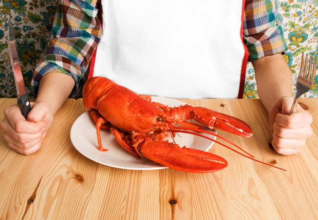 Person sitting at a table with a white bib, fork and knife in hand, plate of whole lobster in front of him.