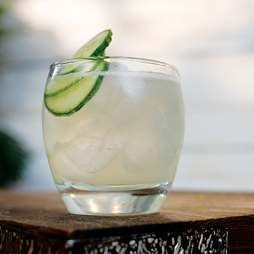 A closeup of a mixed drink in a small, globular glass with ice, garnished with slices of cucumber.