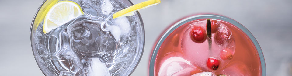 A top down view of two drinks over ice, one garnished with lemon and the other with cranberries and rosemary.