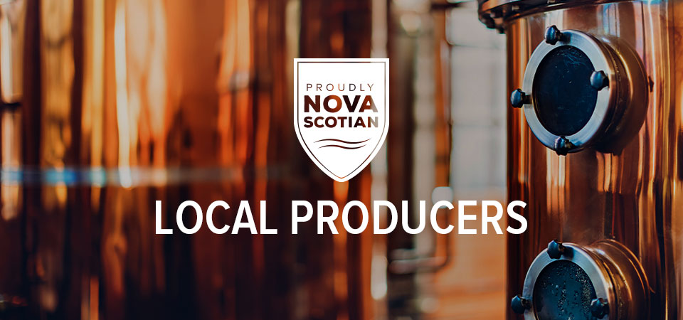 Copper brewing barrels overlaid with a 'Proudly Nova Scotian' badge and text that reads, 'Local Producers'.
