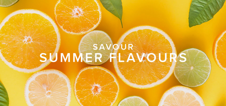 Multiple slices of orange and lime with text that reads, 'Savour Summer Flavours'.