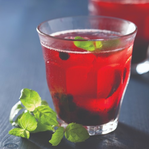 A cocktail glass filled with red liquid and mint