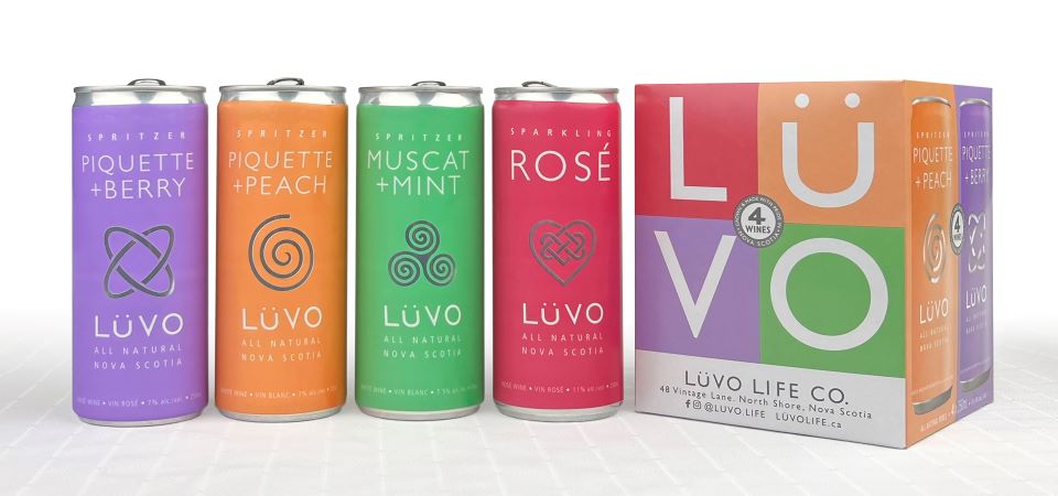 Four canned wines; Piquette Berry, Piquette Peach, Muscat Mint, Rose