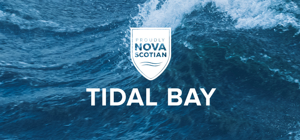 Crashing waves with the Proudly Nova Scotia shield and Tidal Bay Heading.