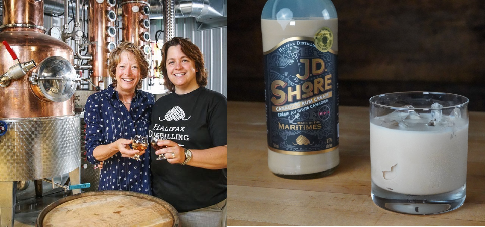 Left: Photo of the Arla and Julie, the owners of JD Shore. In the distillery. Right: Photo of a JD Shore Rum Cream and cocktail. 