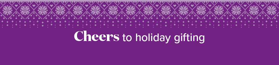 Purple background with Nordic sweater design along the top. White text the reads Cheers to holiday gifting 