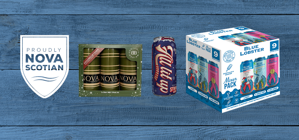 Proudly Nova Scotian crest with local products to the right.