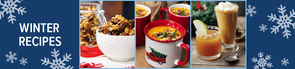 Winter Recipes. Image of a bowl of IPA Spiced Nut, Image of Cup Baking Spice & Bacon Squash Soup, and Image of Vanilla Cinnamon Coffee 