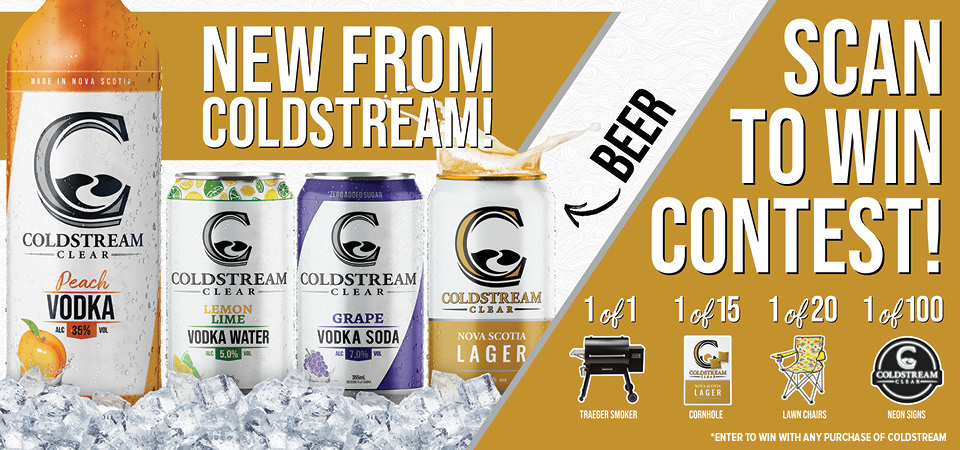 New from Coldstream. Peach Vodka, Lemon Lime Vodka Water, Grape Vodka Soda, Coldstream Lager. Scan to win contest, scan your airmiles card and have a chance to win with Coldstream.
