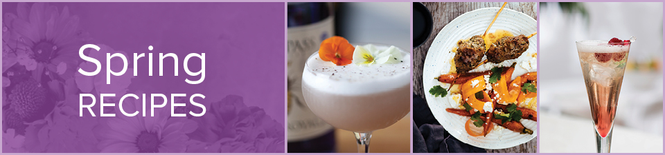 Spring Recipes. Image of rpyal bee mocktail, Image of spiced lamb skewers, and Image of  rose cocktail
