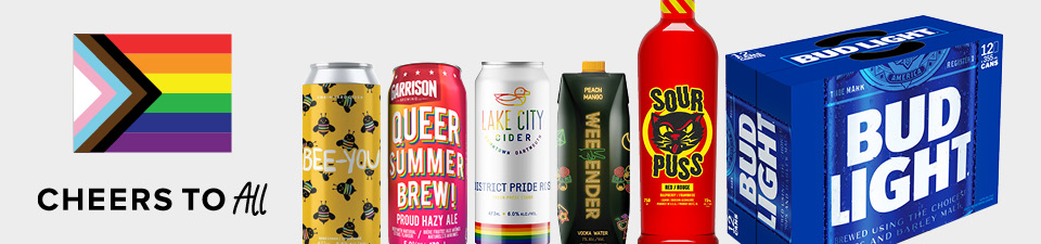 Inclusive pride flag with text underneath that reads Cheers to All. Row of products supporting pride organizations next to the text. 