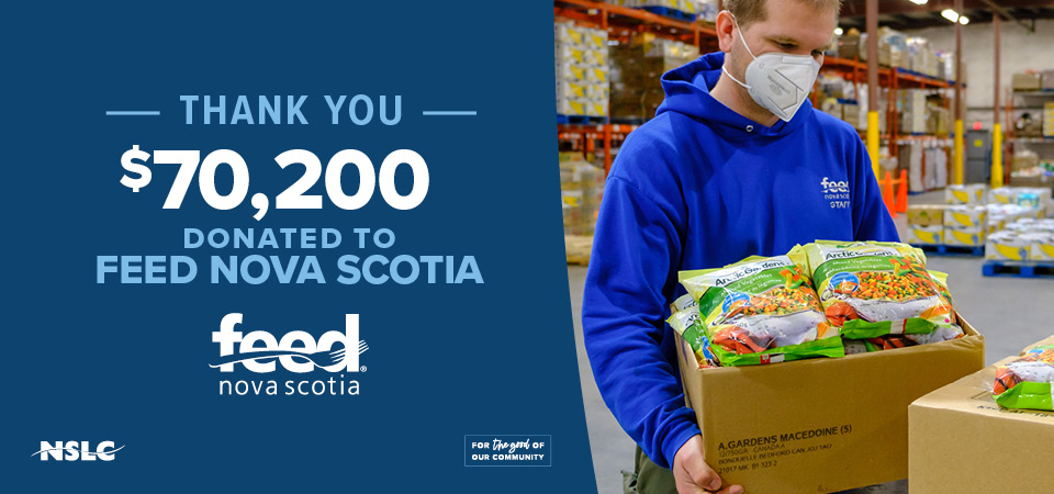 Feed Nova Scotia worker carrying a box of frozen food. Text reads: Thank You. $70,200 donated to Feed Nova Scotia.