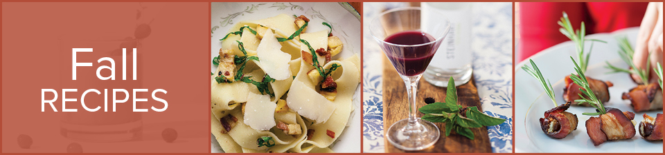 Fall recipe banner with noodle dish, haskap cocktail, and bacon wrapped dates.