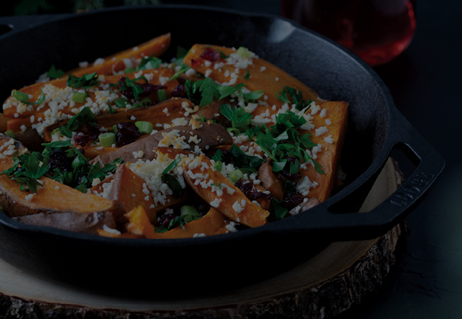 Cinnamon Sweet Potato Nachos in a cast iron dish. 