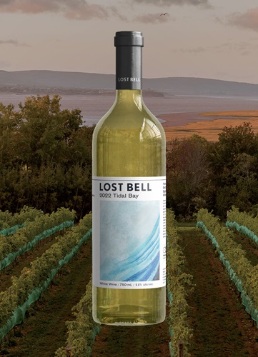 Vinyard overlooking ocean and mountain at dusk with a bottle of Image wine bottle centered.  