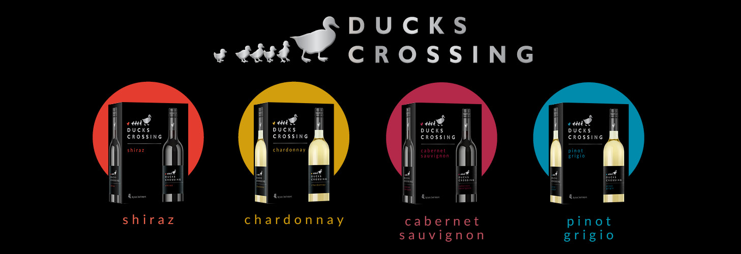 Four Ducks Crossing boxed wines: Shiraz, Chardonnay, Cabernet Sauvignon, and Pinot Grigio. 