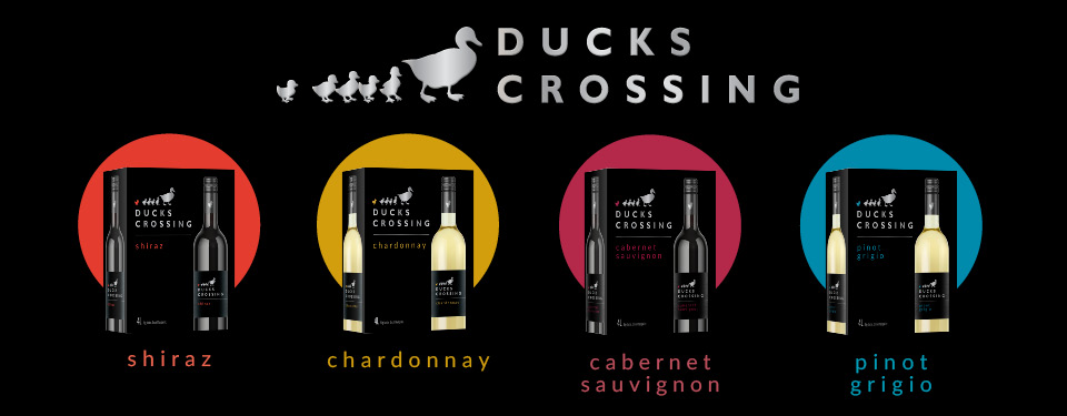 Four Ducks Crossing boxed wines: Shiraz, Chardonnay, Cabernet Sauvignon, and Pinot Grigio. 