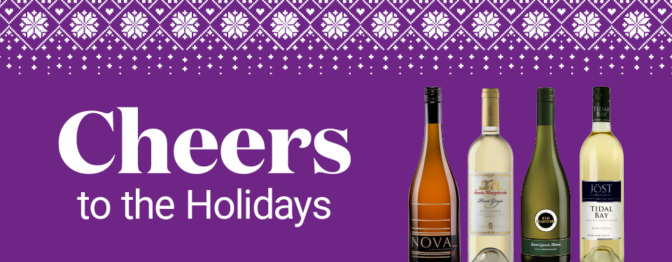 Four of the most popular white wines sold at the NSLC on an ugly Christmas sweater background. 