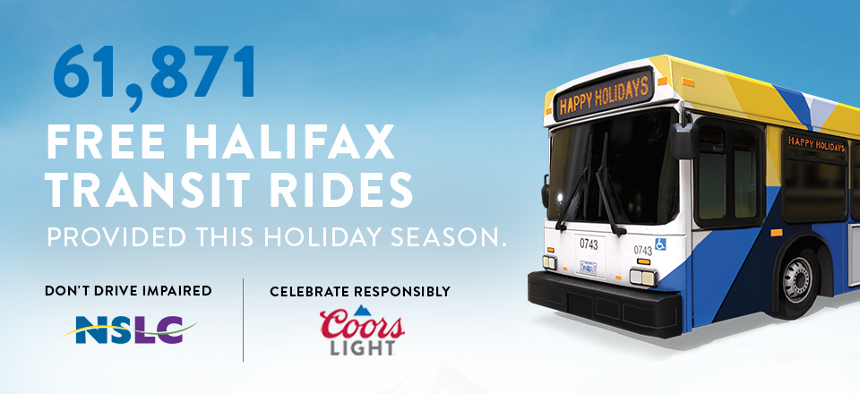 Light blue background with a metro bus and the NSLC and Coors Light logos with text: 61,871 free Halifax transit rides provided this holiday season.